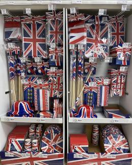 Union-Flag themed goods on Tesco shelves.