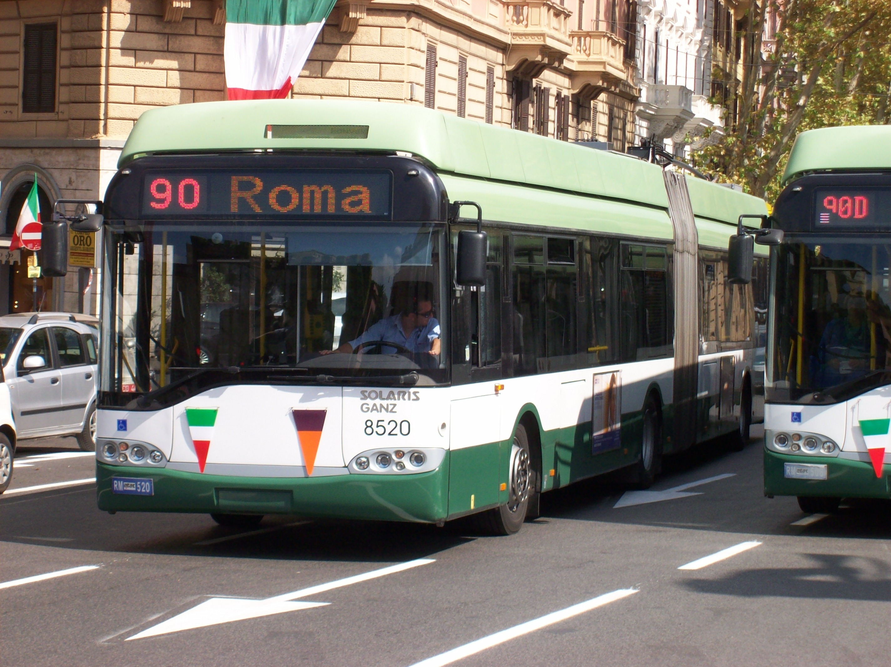Trolleybus operating off wires in Rome.