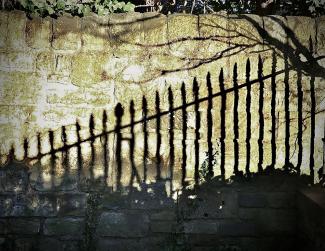 Shadows of railings on an old wall