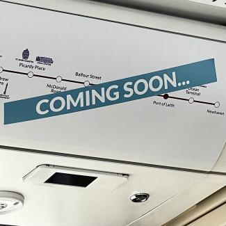'Coming soon' sticker covering plan of tram extension stops.