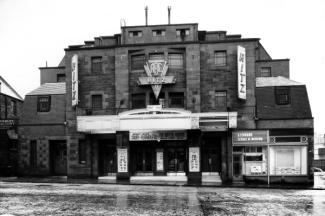 Black-and-white photograph of the Ritz Cinema.