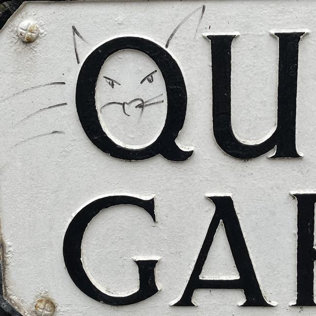 Street-name sign with cat caricature